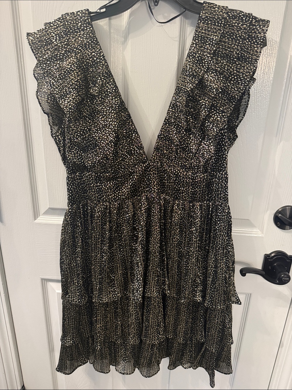 Socialite Black and Gold Ruffle V-Neck Tiered Mini Dress